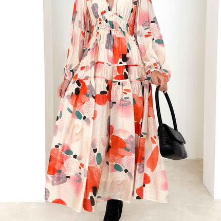 Bohemian female Long Lantern Sleeves Dress-Boho deep V printing high waist casual dress for women