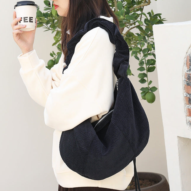 Canvas hobo bag, casual pleated shoulder bag, drawstring corduroy shoulder bag - Dashing Nova