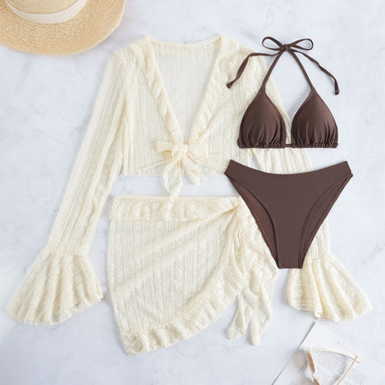 Long Sleeve Cover Up Triangle Apron Four Piece Bikini Lace Swimsuit Women's Swimwear Set