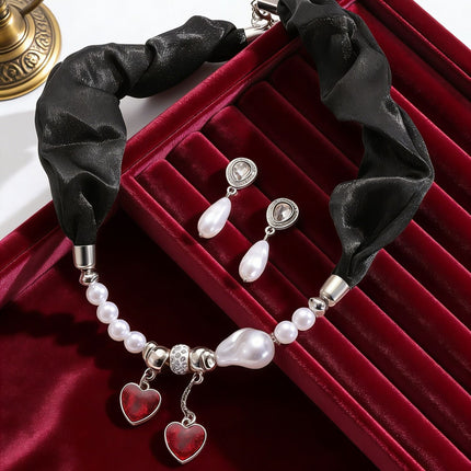 Black Ribbon Necklace Irregular Baroque Pearl Tassel Heart Pendant Choker Set