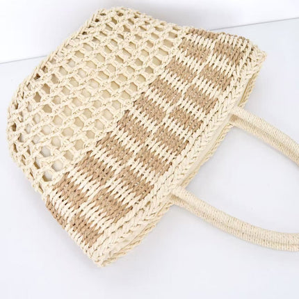 Hollow-Out Handwoven Straw Bag – Women's Commuter Shoulder Tote, Large Beach Shopper