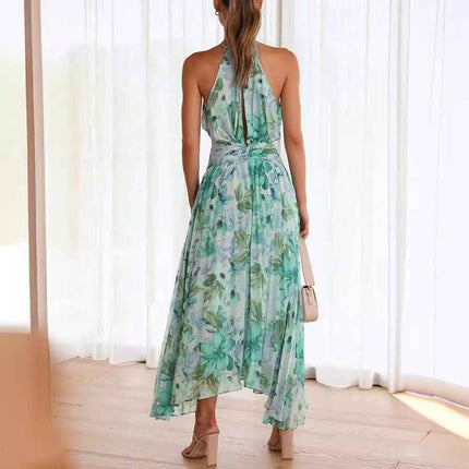 Neck Sleeveless V-Neck Printed Pendulum Dress Backless Maxi Dress Women Sexy