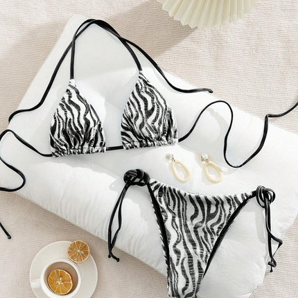 Women's Swimsuit Water Wave Pattern Bikini Set with Straps Sexy