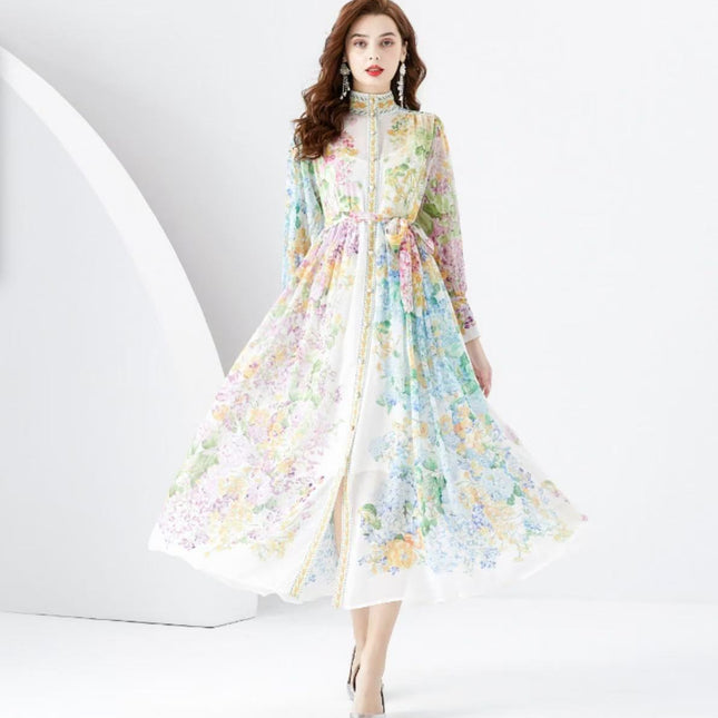 Early Spring Fashion Court Style Dress - Vintage Print Mandarin Collar Long Sleeve Flared Maxi Gown