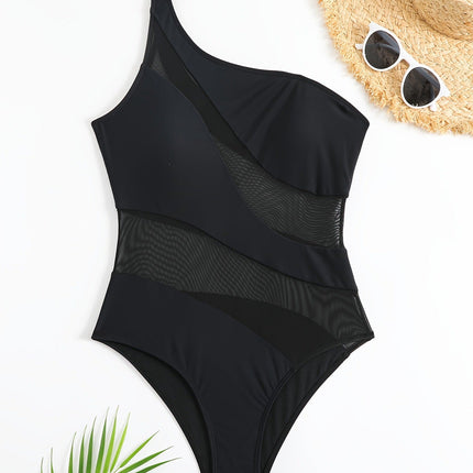 Women's asymmetrical shoulder suspender top translucent mesh swimsuit