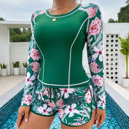 Women's Sun Protection Diving Suit Printed Boxer Long Sleeve Swimsuit UV Protection Swimwear