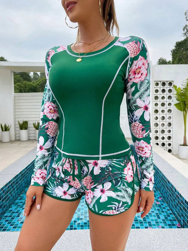 Women's Sun Protection Diving Suit Printed Boxer Long Sleeve Swimsuit UV Protection Swimwear