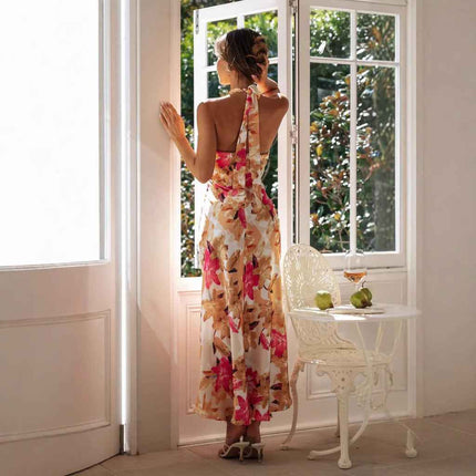 Summer Satin Dress Elegant Sleeveless Mock Neck Cocktail Party Maxi Dresses Sexy Halter Neck Floral Print Slim Casual dress