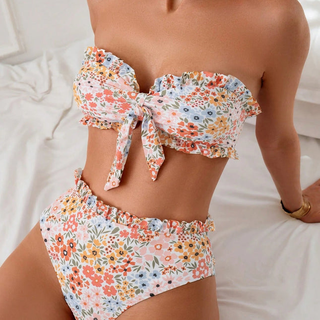 Trendy Floral Print Two Piece Swimsuit Women's Sexy Ruffled Bikini Set