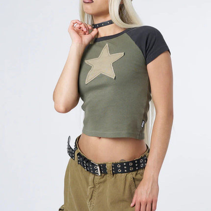 Women's clothing American Y2K five-pointed star embroidery contrasting color ragged shoulder short-sleeved top thin inside and outside T-shirt women