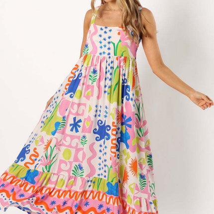 Printed shrinkage pleated splicing long suspender dress positioning flower pendulum skirt