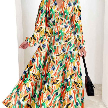 Bohemian female Long Lantern Sleeves Dress-Boho deep V printing high waist casual dress for women