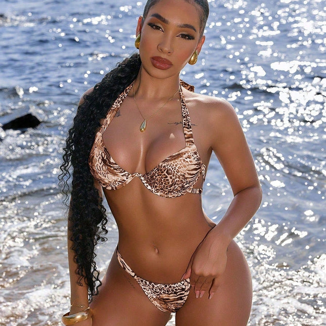 Printed Bikini Swimsuit with Underwire Sexy Two Piece Triangle Backless Beach Vacation Swimwear