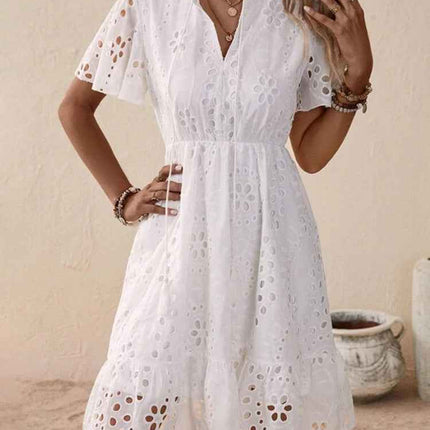 White Embroidered Lace V-Neck Dress with Bubble Sleeves
