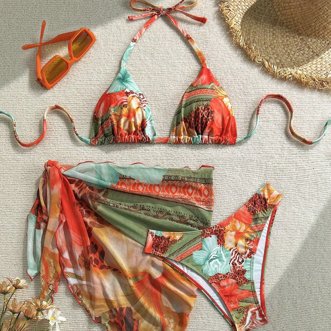 Women's Bikini Swimsuit with Floral Print and Tie Straps