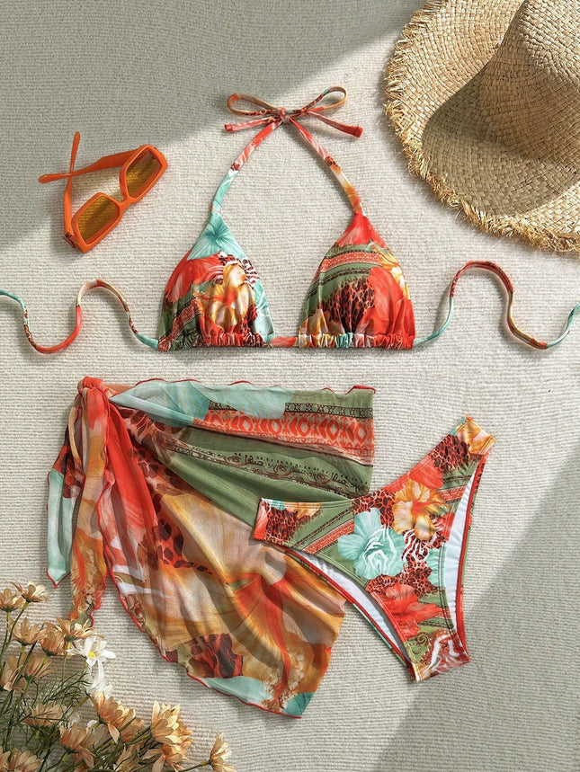 Women's Bikini Swimsuit with Floral Print and Tie Straps