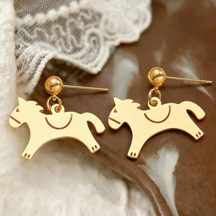 Minimalist Metal Pony Pendant Stud Earrings Vintage Elegant Luxury Zodiac Jewelry