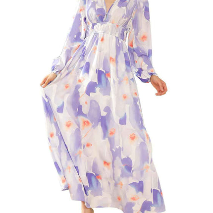 Bohemian female Long Lantern Sleeves Dress-Boho deep V printing high waist casual dress for women