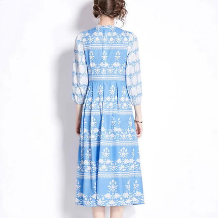Vintage Blue Willow Print Mandarin Collar Dress - Lantern Sleeve Court Tie-Waist Flared Maxi Gown