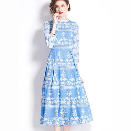 Vintage Blue Willow Print Mandarin Collar Dress - Lantern Sleeve Court Tie-Waist Flared Maxi Gown