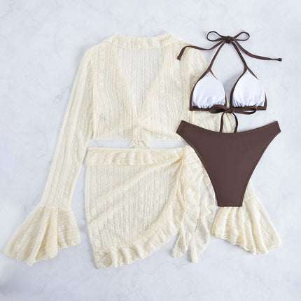 Long Sleeve Cover Up Triangle Apron Four Piece Bikini Lace Swimsuit Women's Swimwear Set