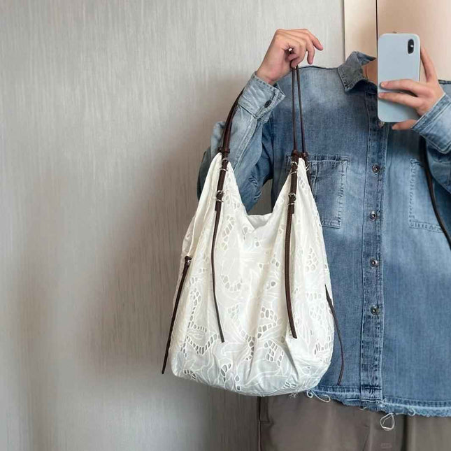 White large capacity hobo purse, embroidered shoulder bag, tote bag, commuter shoulder bag