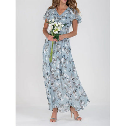 Beach Flared Maxi Dress Chiffon Floral Short Sleeve Ruffle V-Neck Fashion Waist-Defining Dress