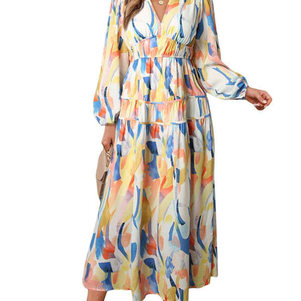 Bohemian female Long Lantern Sleeves Dress-Boho deep V printing high waist casual dress for women