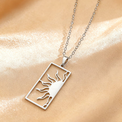 18K Gold Plated Sun Moon Hollow Geometric Square Pendant Stainless Steel Necklace