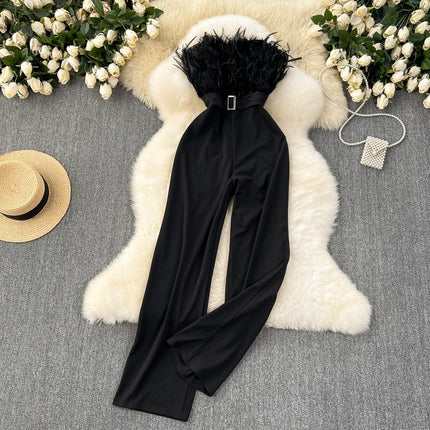 Premium Summer Gown – Socialite Style Feather Trim High-Waist Strapless Jumpsuit, Sexy Bodycon Romper