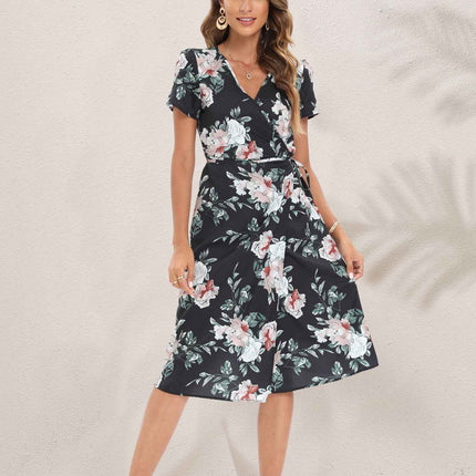 Vacation Wind ins Vintage Long Dress Small Floral Beach Summer Dress Women V Neck