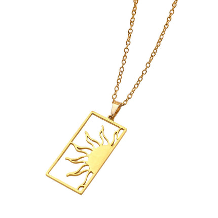 18K Gold Plated Sun Moon Hollow Geometric Square Pendant Stainless Steel Necklace