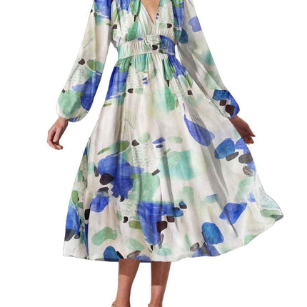 Bohemian female Long Lantern Sleeves Dress-Boho deep V printing high waist casual dress for women