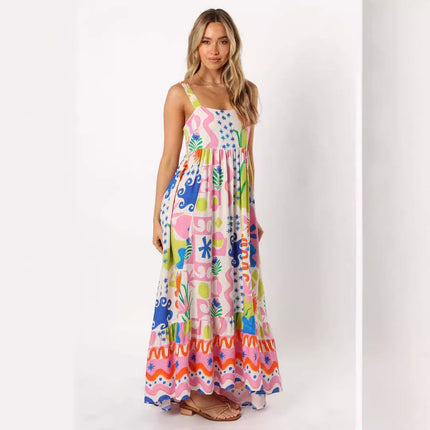 Printed shrinkage pleated splicing long suspender dress positioning flower pendulum skirt