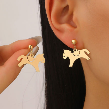 Minimalist Metal Pony Pendant Stud Earrings Vintage Elegant Luxury Zodiac Jewelry