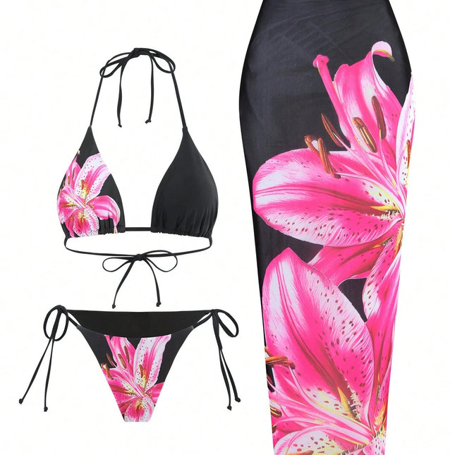 Bikini Cover Up Sexy Lily Printed Swimsuit Three Piece Set