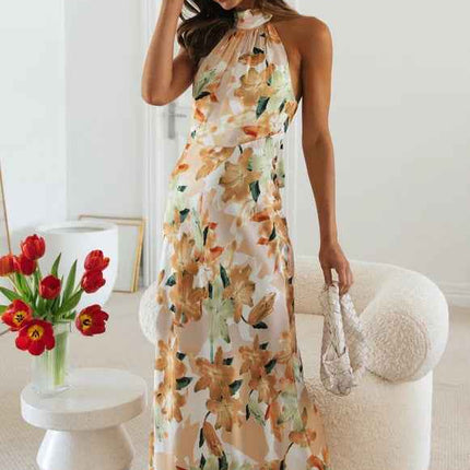 Summer Satin Dress Elegant Sleeveless Mock Neck Cocktail Party Maxi Dresses Sexy Halter Neck Floral Print Slim Casual dress