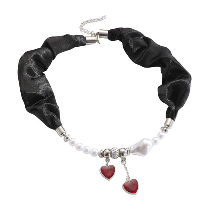 Black Ribbon Necklace Irregular Baroque Pearl Tassel Heart Pendant Choker Set