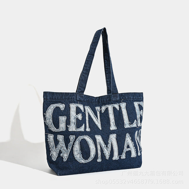 Large capacity shoulder canvas bag, retro denim tote bag big, handheld letter sticker cloth bag, tote bag large - Dashing Nova