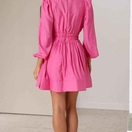 Skinny Deep V-Neck Waist Pleated Mini Dress - Long Sleeve Bodycon Short Dress