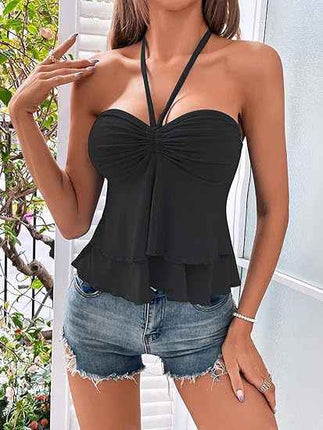 Sexy Lace Up Cross Sling Off-Shoulder Halter Pleated Ruffle Edge Solid Color Tube Top Drawstring Bust Tie Backless Halter Top