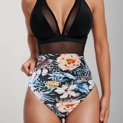 2026 Bikini solid color mesh halter sexy bikini one-piece swimsuit swimsuit