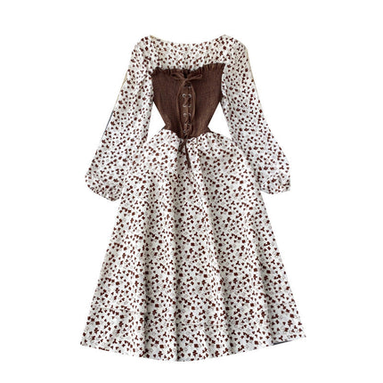 Trendy Dress with Tie Belt – French Contrast Floral Print, Two-Piece Illusion Design, Sweet Long Sleeve Frock