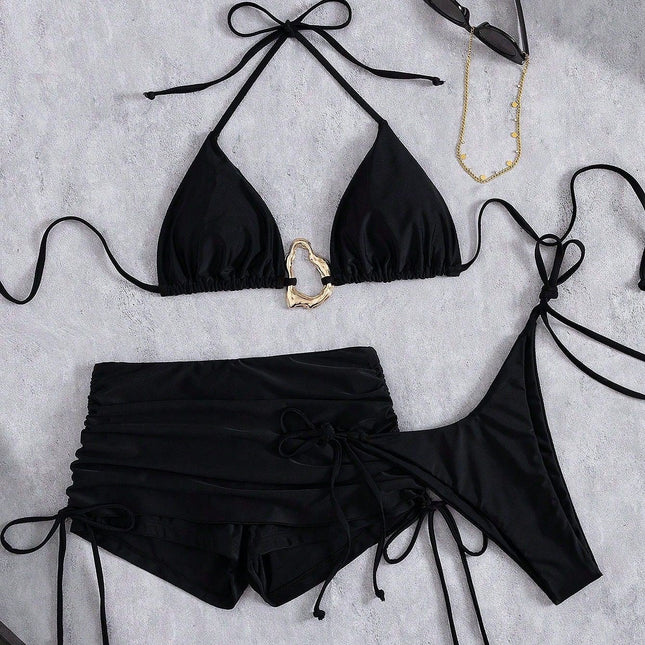 Skirt Three Piece Bikini Vintage Solid Color Strappy Swimsuit Women's Swimwear