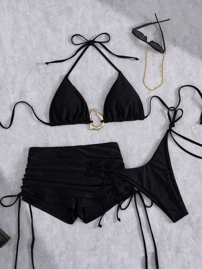 Skirt Three Piece Bikini Vintage Solid Color Strappy Swimsuit Women's Swimwear