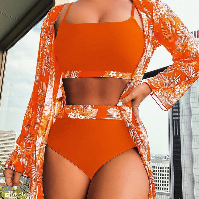 Maple Leaf Print Long Sleeve Patchwork Bikini Three Piece Separate Swimsuit for Women