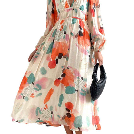 Bohemian female Long Lantern Sleeves Dress-Boho deep V printing high waist casual dress for women