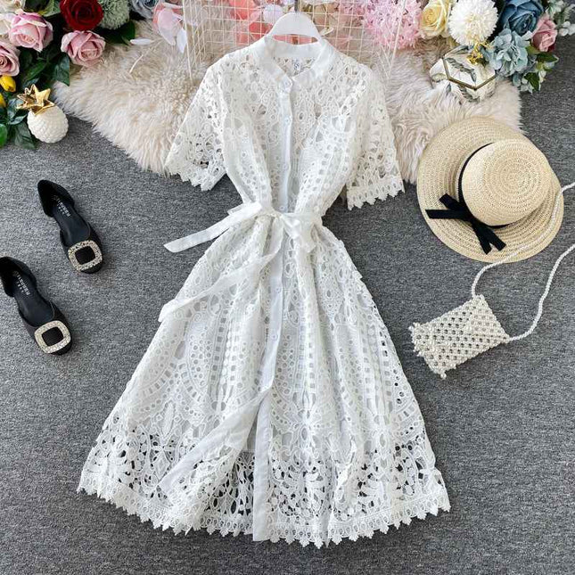 Hollow-Out Elegant Mandarin Collar Dress – Long Sleeve Lace Midi, Short Sleeve Button-Front Tie-Waist Gown