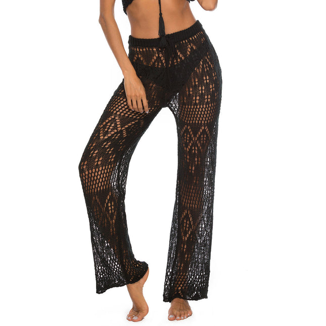 Solid color sexy ladies nightclub sexy see-through cut-out woven anti-hiccup trousers hooked beach pants
