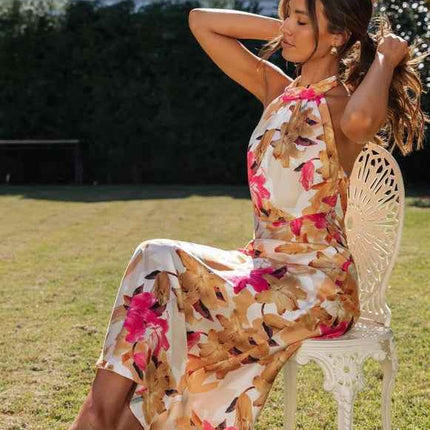 Summer Satin Dress Elegant Sleeveless Mock Neck Cocktail Party Maxi Dresses Sexy Halter Neck Floral Print Slim Casual dress